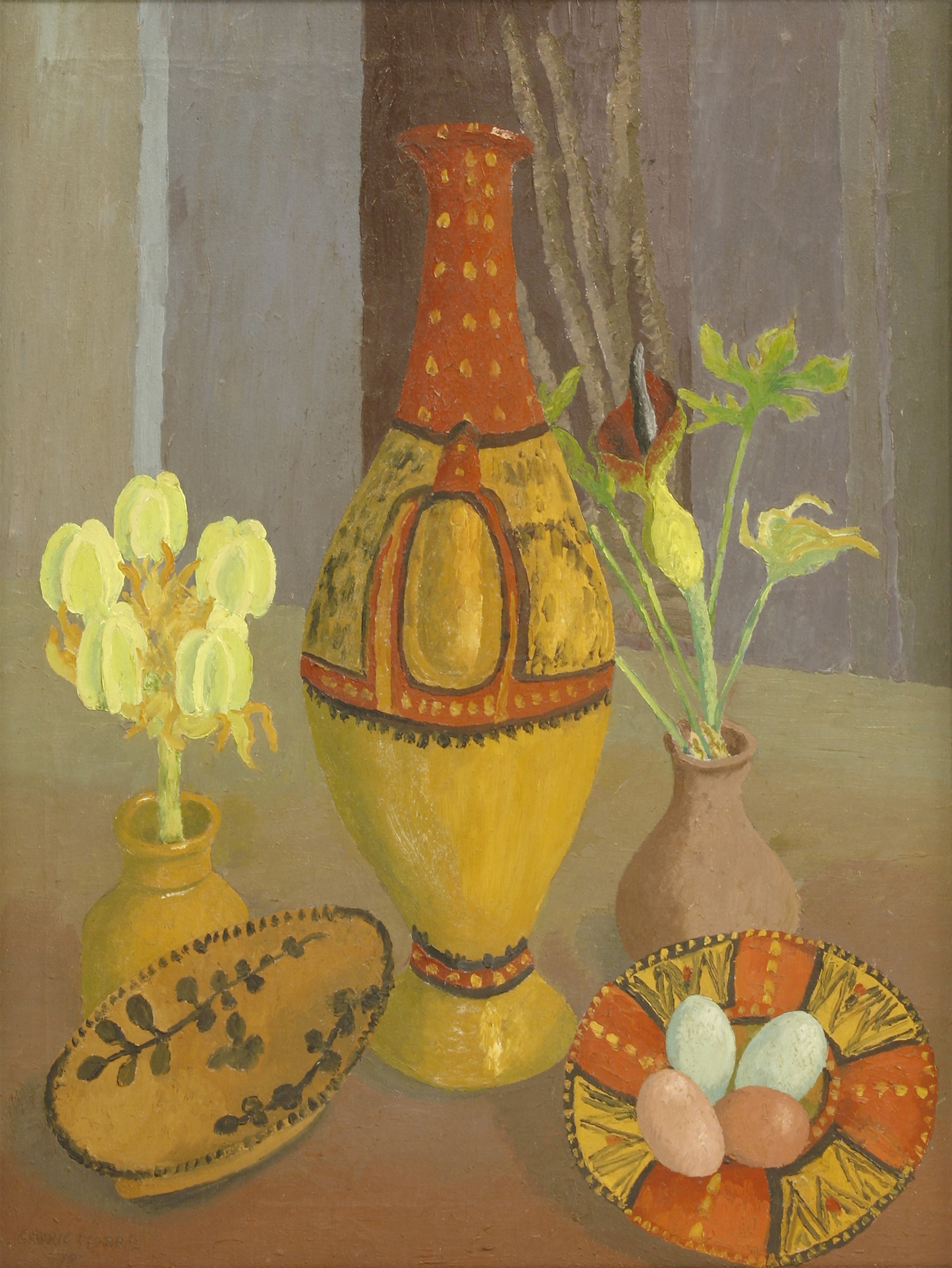 Cedric Lockwood Morris (1889-1982),  A STILL LIFE WITH VASES, FLOWERS AND A DISH OF PAINTED EGGS