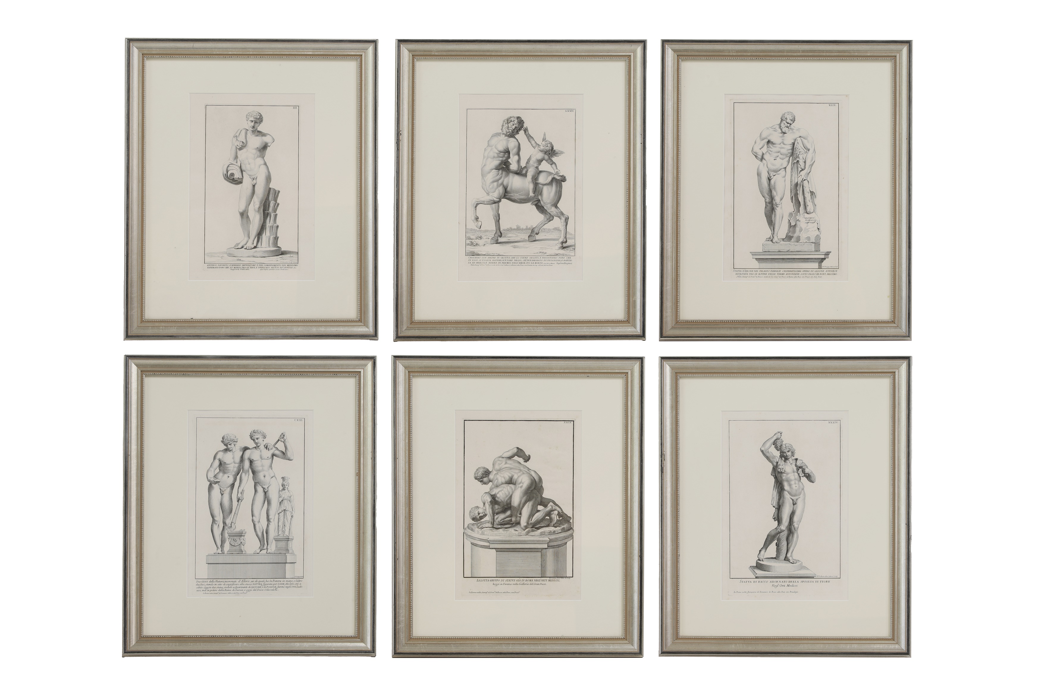 A set of six engravings of classical statues, 18th century, Italian, from Domenico Rossi, 'Raccolta di statue antiche e moderne', each numbered and titled, plate 34 x 21cm, each later mounted in cream card slips and glazed silvered frames (6) (£600-800)