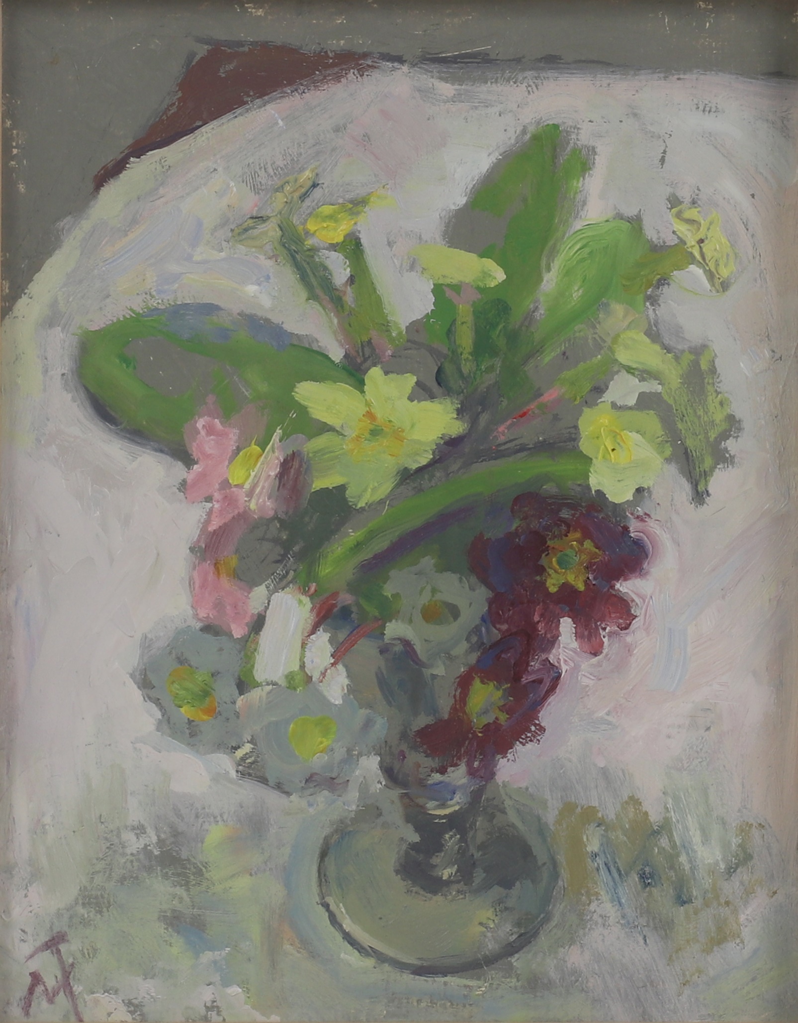 Still life of vase of spring flowers signed with monogram l.l., inscribed 'For dear MARY with MARGARET'S love- Christmas 1992' on an artist's letterhead card affixed verso, oil on board 25.5 x 20.5cm (£400-600)
