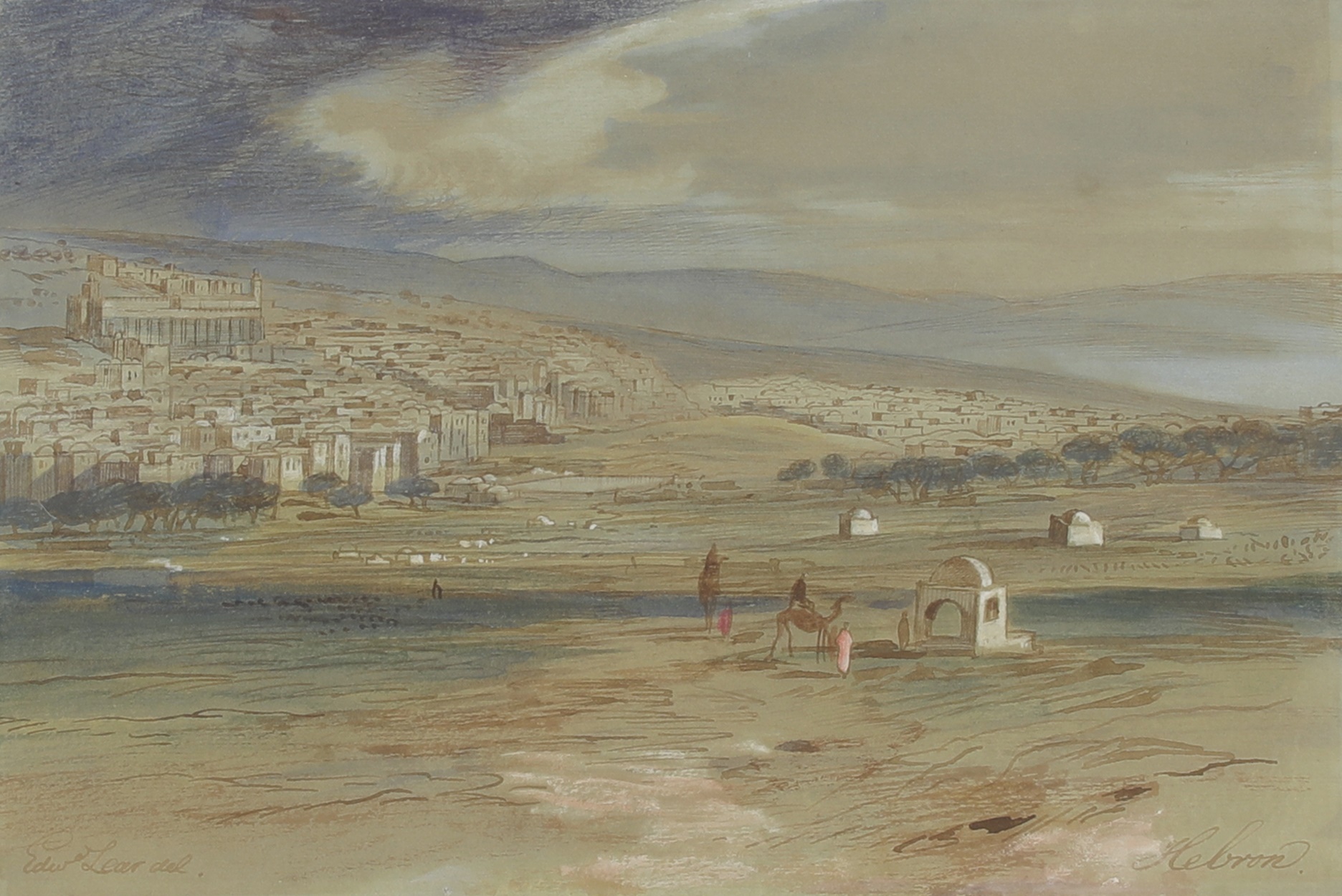 Edward Lear (1812-1888) 'Hebron', figures and camels, the city beyond, c.1858 £5,000-£8,000
