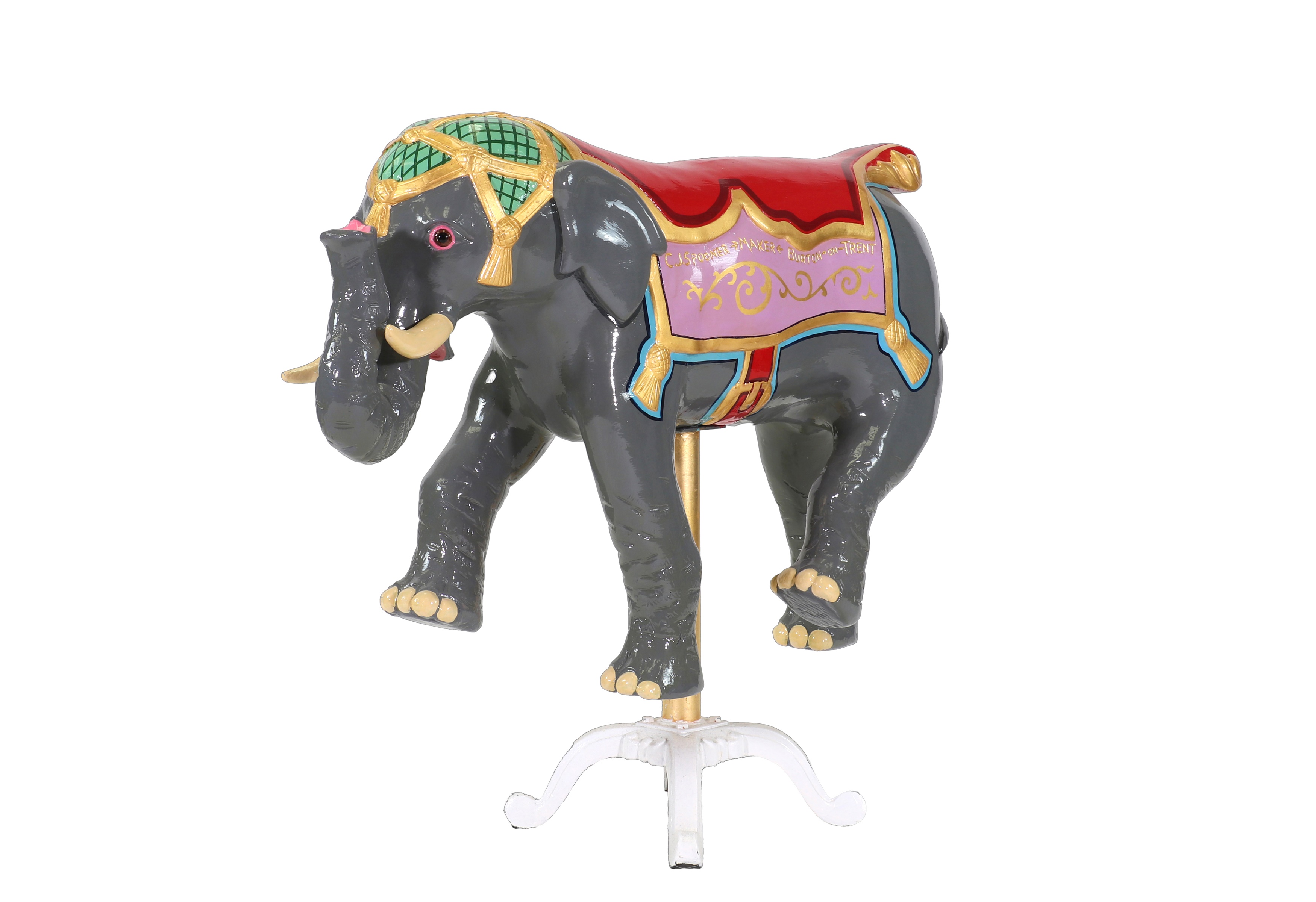 An extremely rare juvenile elephant carousel mount by C J Spooner c.1890, the outside row figure standing in an animated pose (£7,000-9,000)