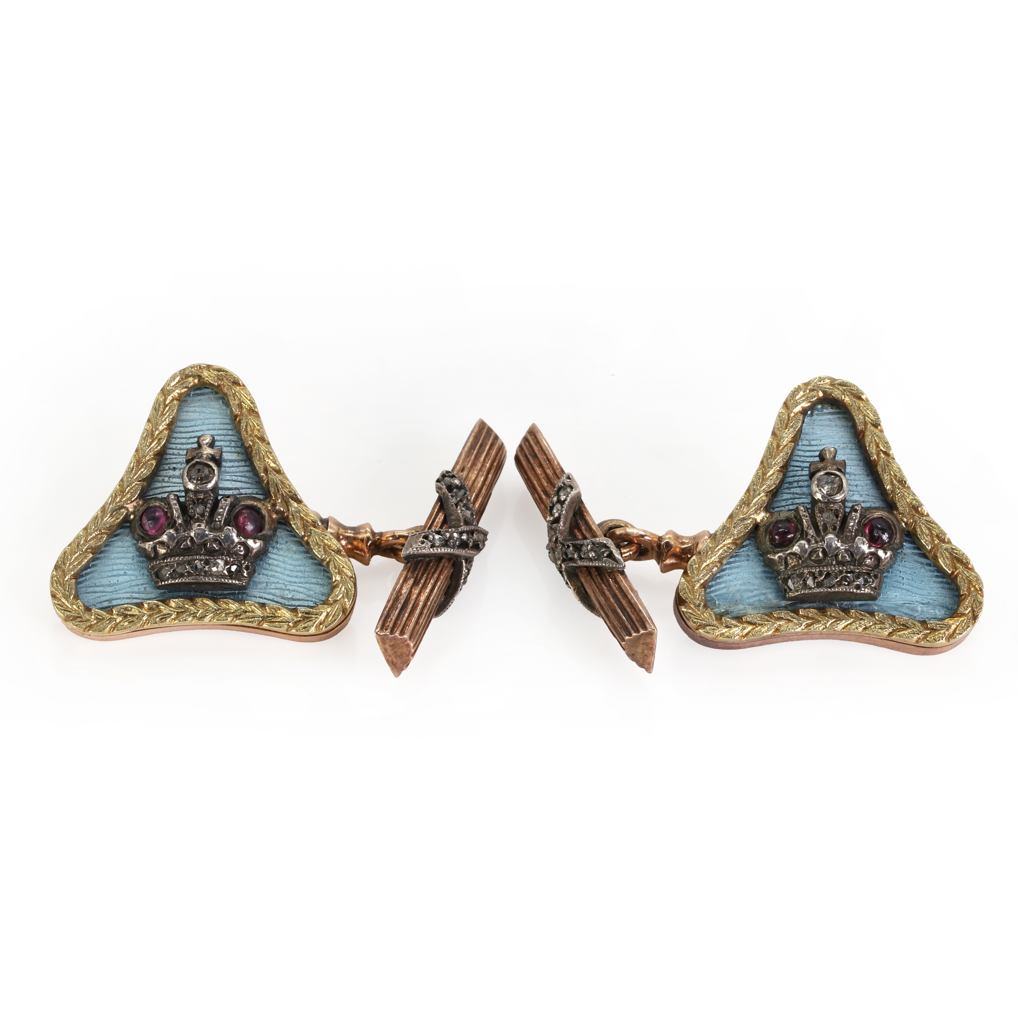 A pair of two-colour gold cufflinks by Fabergé, c.1880-1913 (£1,000-1,500)