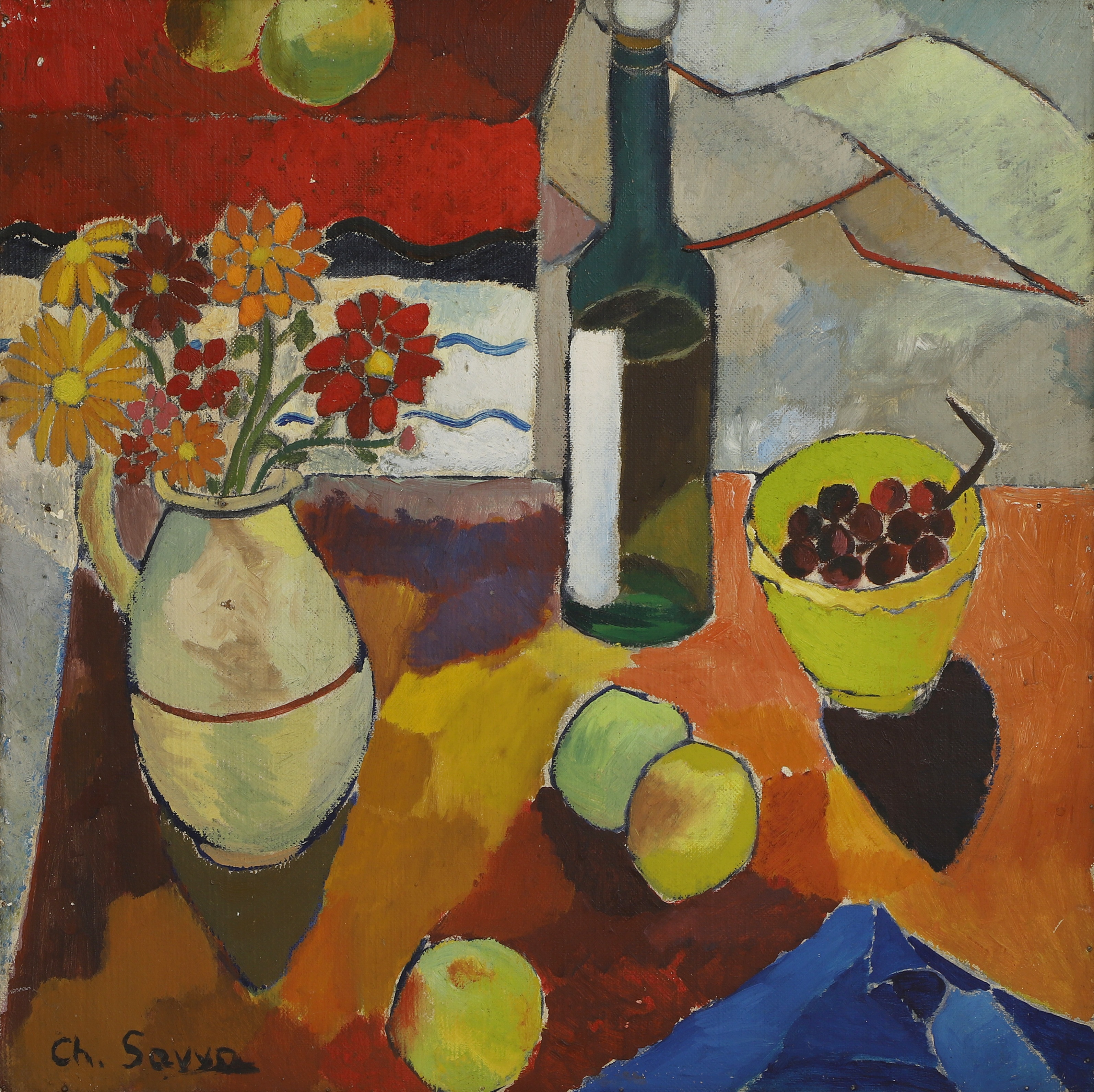 Christoforos Savva (Cypriot, 1924-1968) Still life of a jug of flowers, a bottle of wine and fruit on a table signed 'Ch. Savva' l.l., oil on canvas laid down on board 71 x 71cm (£6,000-8,000)