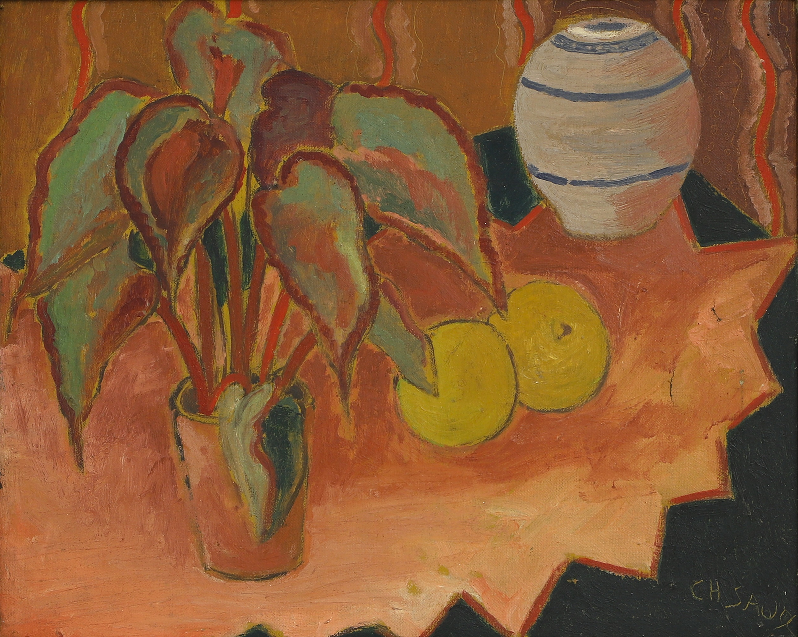 Christoforos Savva (Cypriot, 1924-1968) Still life of a pot plant, fruit and a vase on a table signed 'C H Savva' l.r., oil on canvas 41 x 51cm (£3,000-5,000)