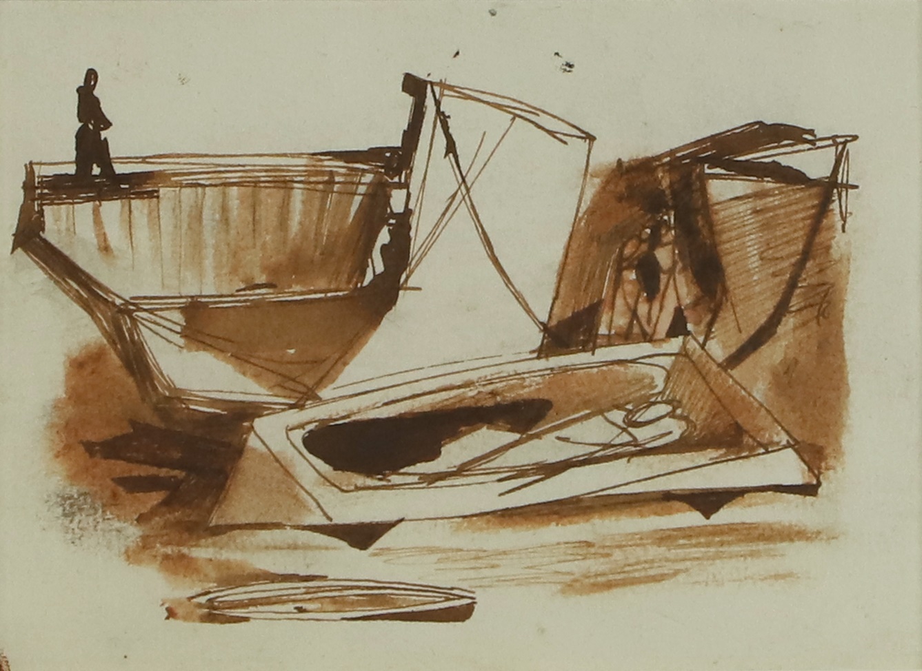 Prunella Clough (1919-1999) Figure and boats, c.1950 verso a farmyard sketch, pen and brown ink 11 x 13.5cm (£600-800)