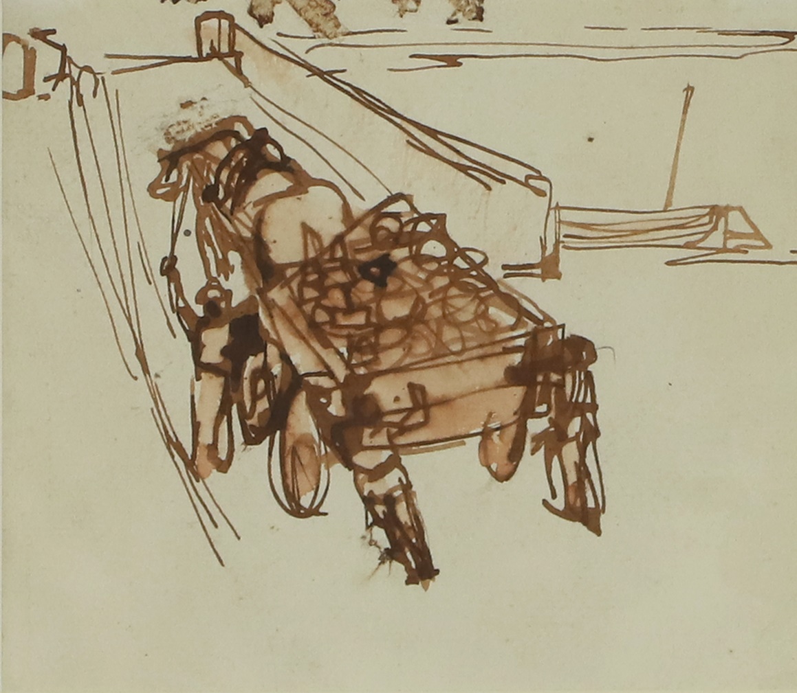 Prunella Clough (1919-1999) Figures with horse and cart, c.1950s pen and brown ink and wash 12 x 12.5cm (£600-800)
