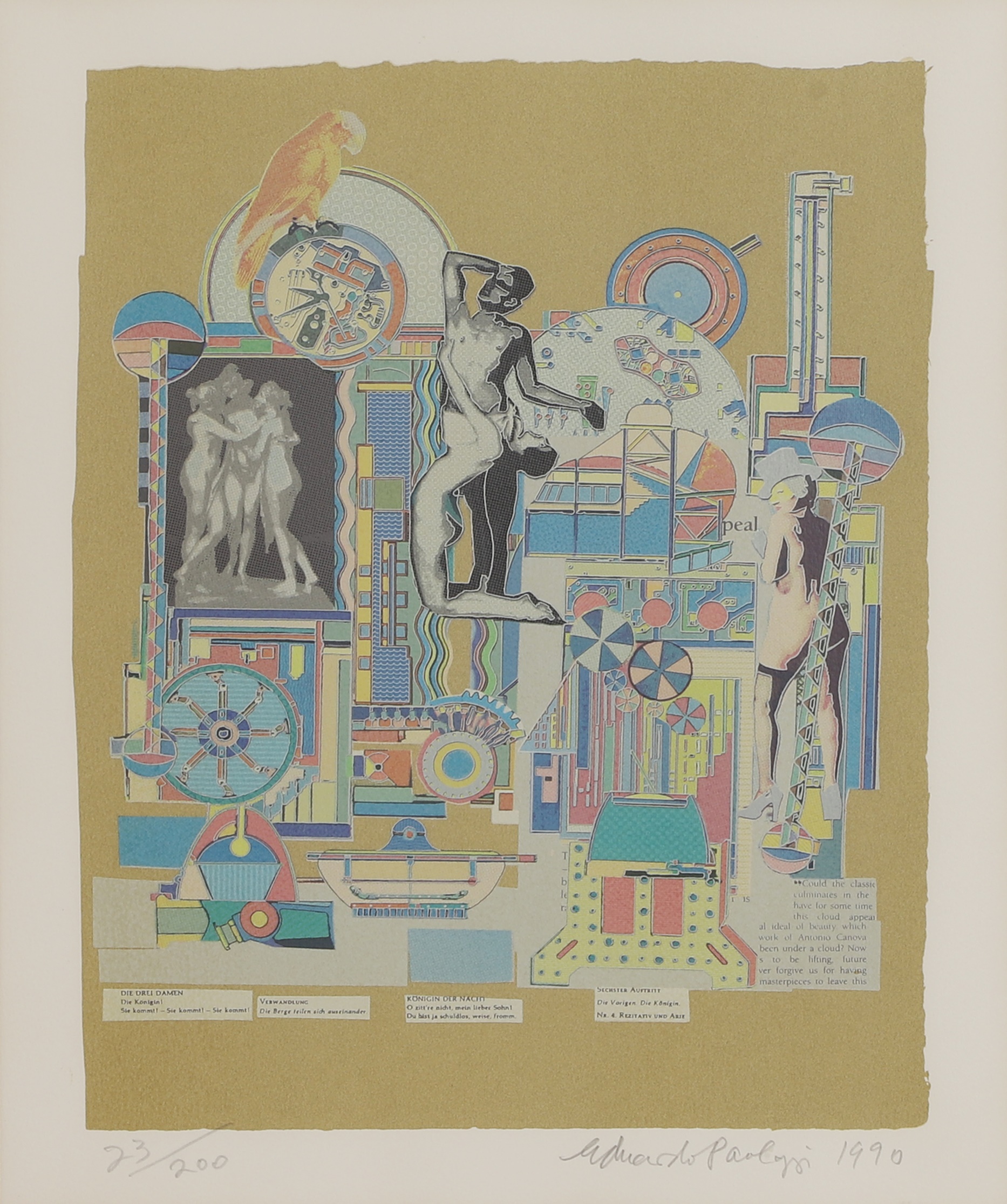 Sir Eduardo Paolozzi RA (1924-2005) 'Queen of the Night' screenprint in colours, signed and dated 'Eduardo Paolozzi 1990' in pencil l.r., numbered '23/200', printed at Advanced Graphics on 250gsm Vélin Arches blanc, part of the Mozart Portfolio published by Merivale Editions, London image 40 x 31cm (£200-300)