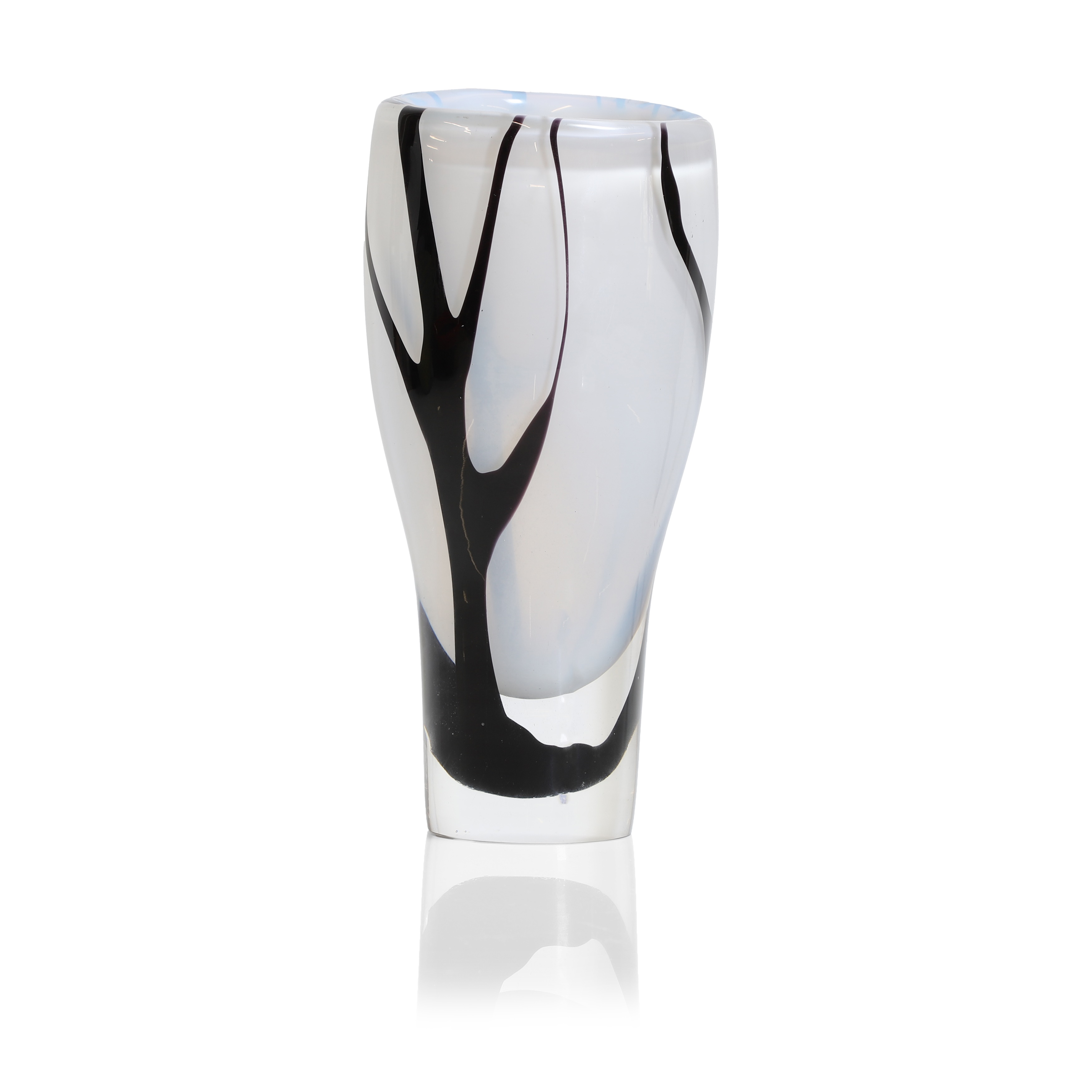 Vicke Lindstrand (Swedish, 1904-1983) a 'Träd i dimma' (Trees in fog) glass vase, designed in 1951 for Kosta, the clear crystal underlaid with opalescent glass and decorated in black with the outline of trees, signed with acid stamp LIND-STRAND KOSTA and engraved LU 2005 34cm high (£1,000-1,500)