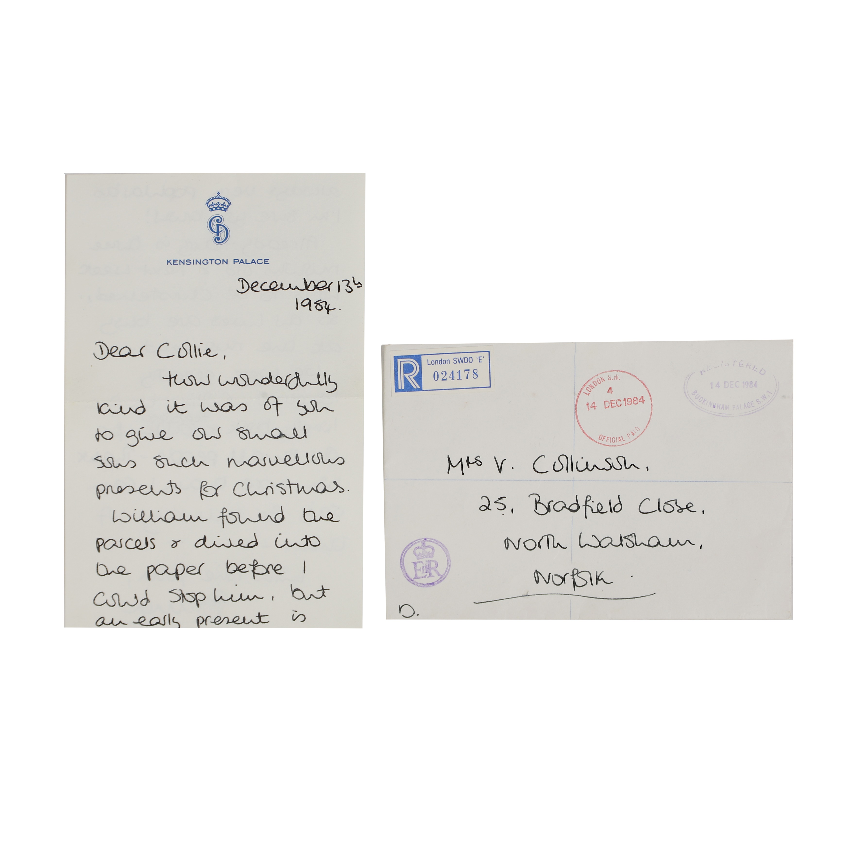 HRH Diana, Princess of Wales (1961-1997) a handwritten double-sided letter dated December 13th 1984 (£800-1,200)