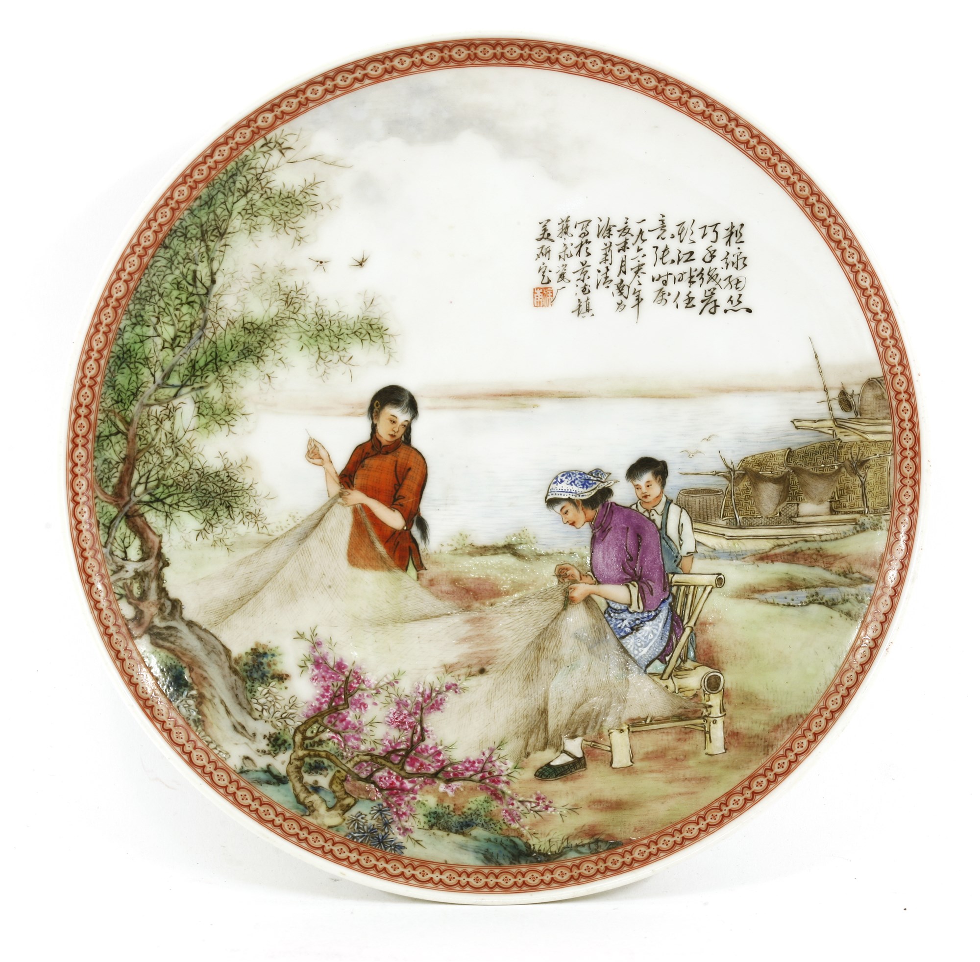 A Communist era famille rose dish decorated by Tu Juqing