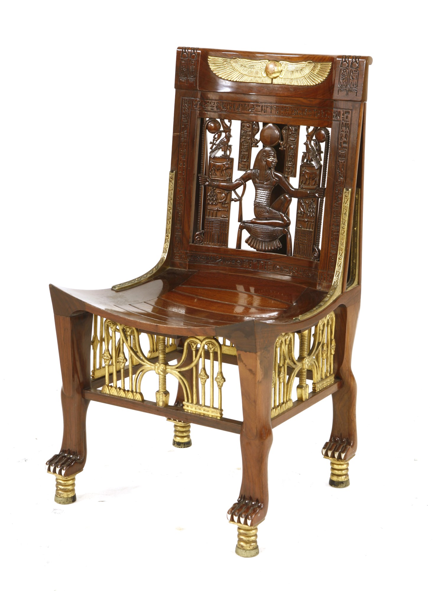 A splendid example of ‘Egyptomania’ - a very high quality copy of the bone-inlaid and parcel gilt ceremonial chair found in the tomb of Tutankhamen in 1922. It carries an auction estimate of £10,000-15,000