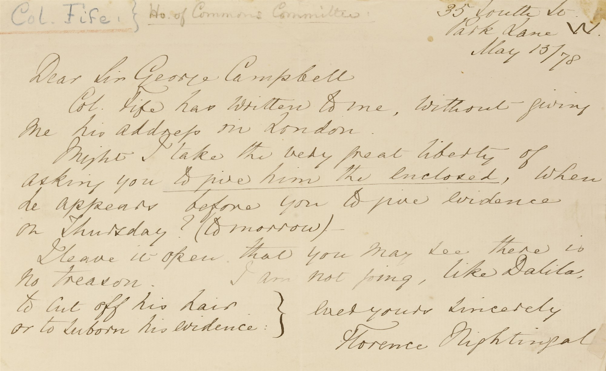 Autographed letter from Florence Nightingale