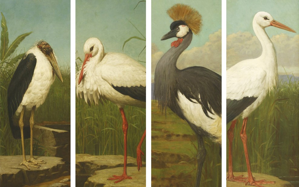 Henry Stacy Marks A Marabou stork, A Stork, A Crested Crane, A Stork