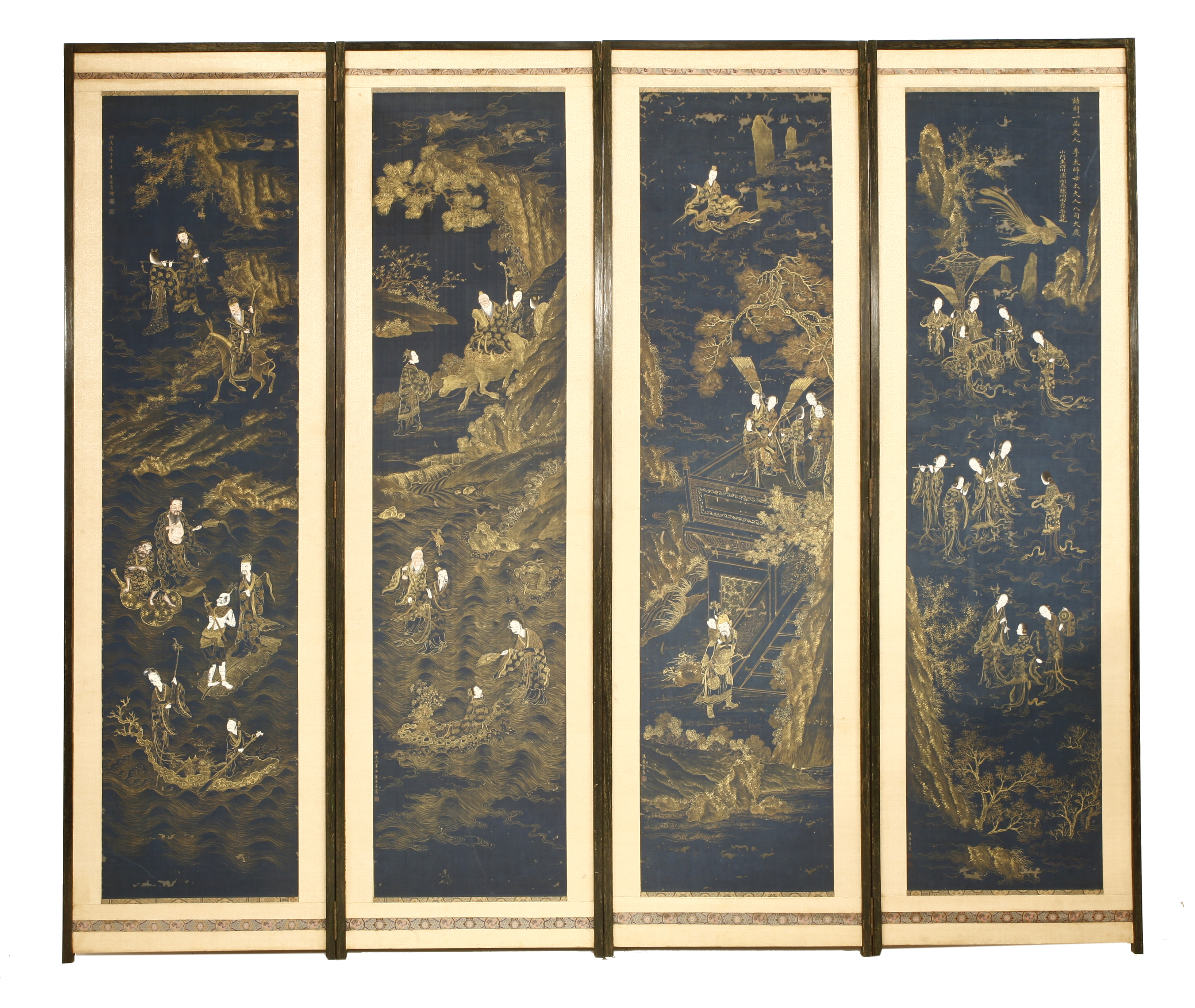 A Chinese four-fold screen,18th century, the hanging scrolls painted with Eight Daoist Immortals and other deities celebrating the birthday of Queen Mother of the West