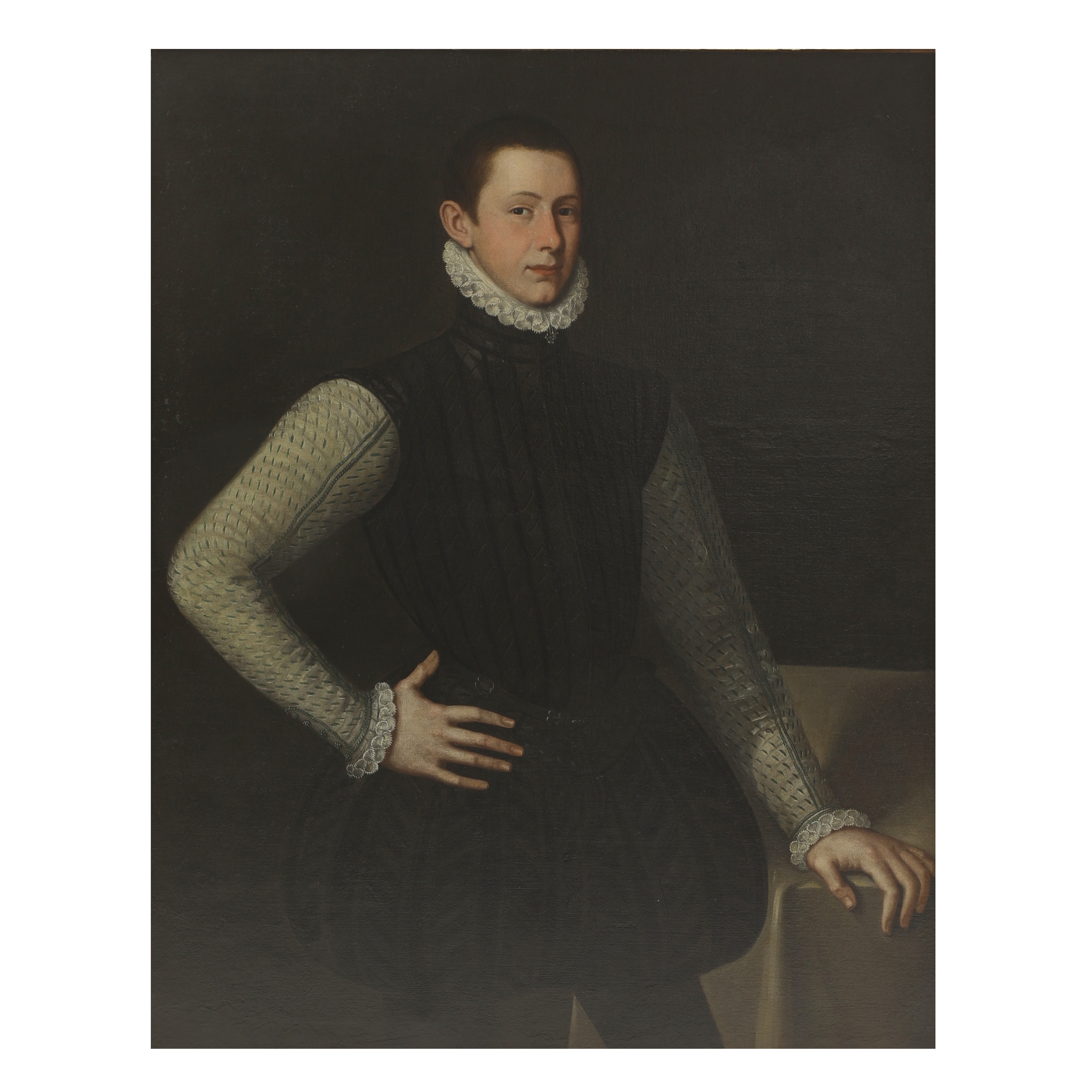 Circle of Giovanni Battista Moroni (Italian, 1520-1578)  Portrait of a young nobleman, standing three-quarter-length, in a black striped doublet with ivory sleeves and lace ruff  oil on canvas 