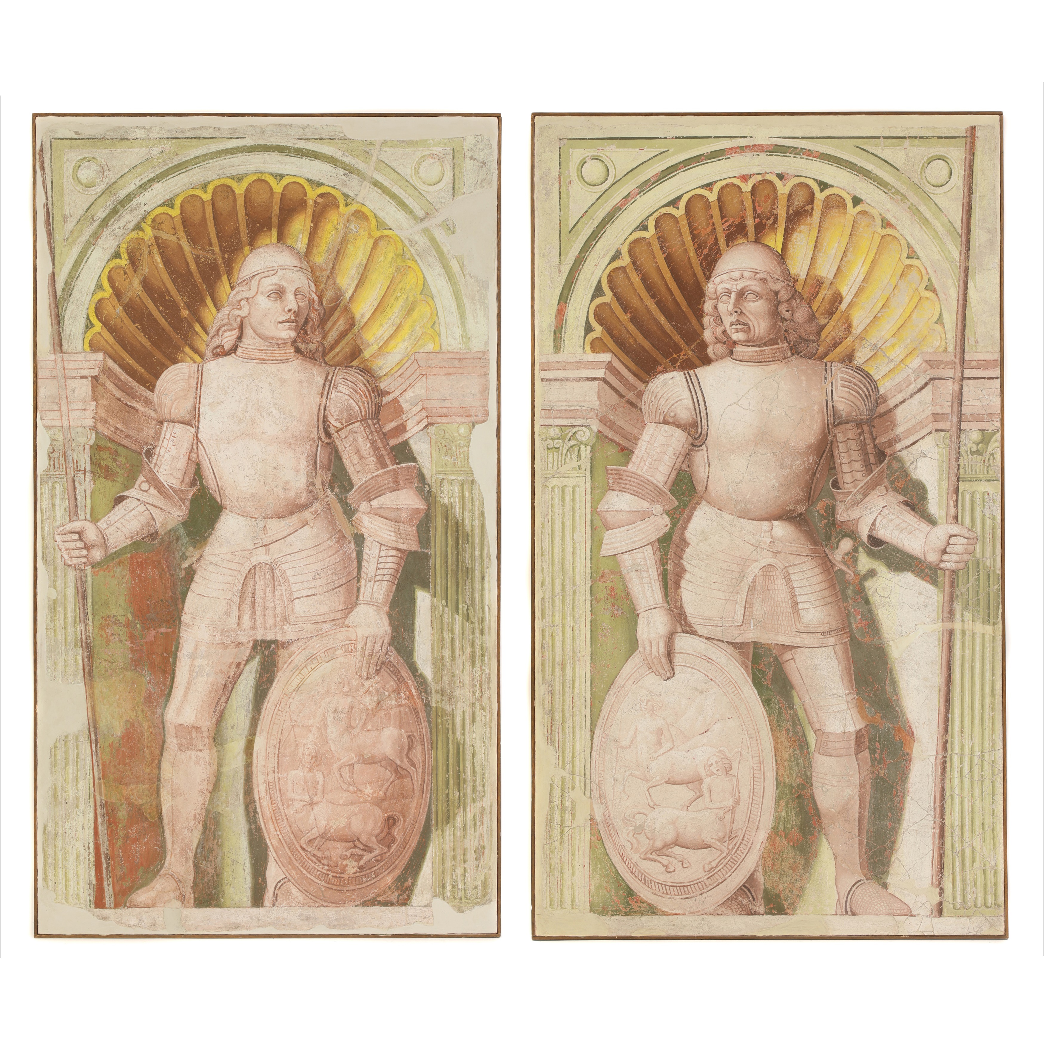 Lombard School, early 16th century Two soliders, each in plate armour holding a spear and a rondache a pair, fresco supported by a modern board