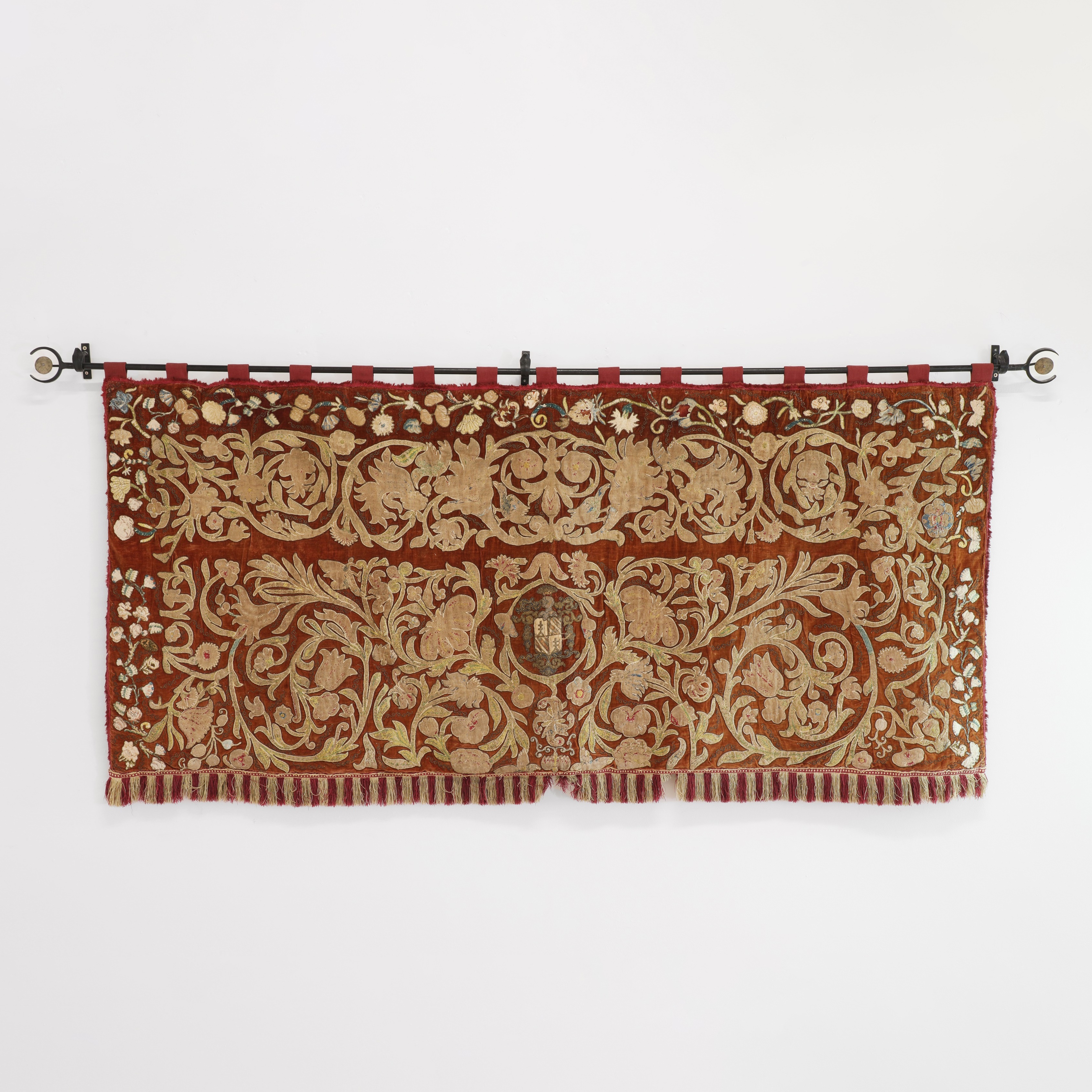 A velvet, silk and metal thread appliqué and embroidered hanging, 19th century