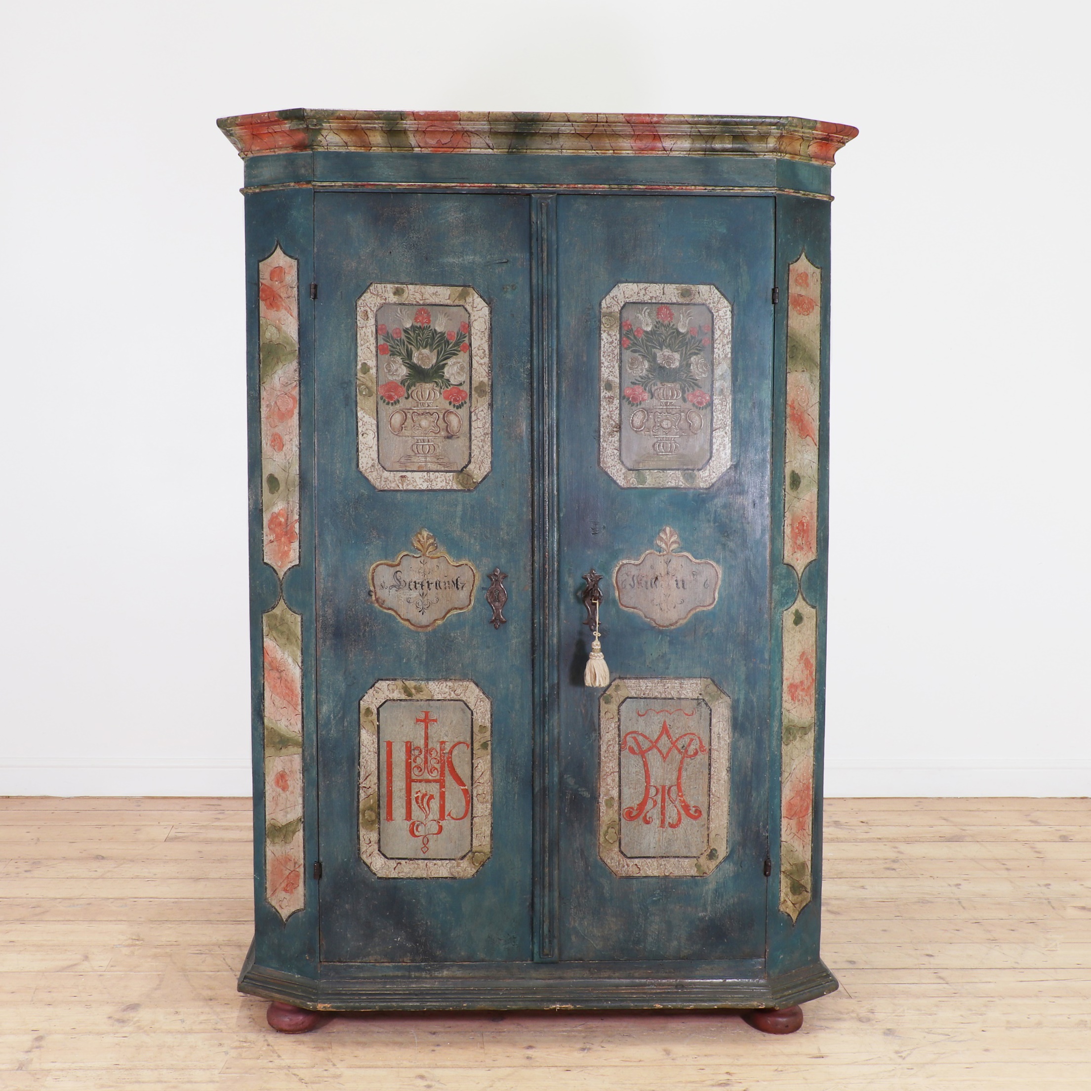 A painted pine marriage cabinet, late 18th/early 19th century