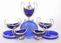 Lot 37 - A Dutch five-piece silver-mounted blue glass cruet set