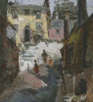 Lot 305 - Attributed to Fred Yates (1922-2008)
A STREET VIEW WITH CHILDREN
Oil on board
41 x 38cm

Provenance:	said to have been acquired from the artist by Joan Furgus;
		given by her to the previous owners.
