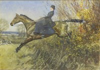 Lot 228 - Sir Alfred James Munnings PRA RWS (1878-1959)
A LADY ON A HUNTER JUMPING A HEDGE
Signed and dated 1906 l.r.