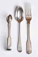 Lot 86 - A collection of provincial Newcastle silver: 
comprising: 
a set of six single struck fiddle and shell pattern table forks