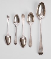 Lot 200 - A set of six George III provincial silver old english with shoulders pattern dessert spoons