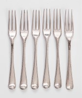 Lot 138 - A set of five George III silver feather edge pattern three-prong dessert forks