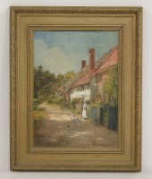 Lot 1331 - Florence Fitzgerald
WOMAN FEEDING THE PIGEONS OUTSIDE A COTTAGE 
Signed l.l.