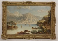 Lot 1319 - J Bambidge (?)
A CONTINENTAL MOUNTAIN LAKE SCENE WITH BOAT AND FIGURE
Signed and dated l.r.