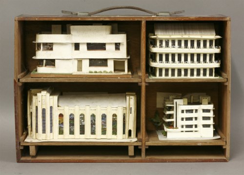 Lot 254 - A wooden travelling box with four models of Art Deco buildings