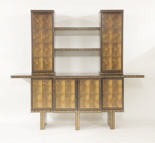 Lot 575 - A contemporary inlaid burr redwood and wenge wood cabinet