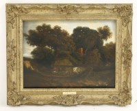 Lot 1405 - Follower of John Berney Crome
A WOODED LANDSCAPE WITH A FIGURE OUTSIDE A COTTAGE
Oil on panel
33 x 44cm