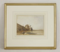 Lot 1367 - Alfred Montague (1832-1883)
A COASTAL SCENE WITH A FIGURE AND A BEACHED VESSEL BY A JETTY
Signed l.c.