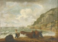 Lot 1408 - Follower of Thomas Luny
A COASTAL SCENE WITH FIGURES UNLOADING BARRELS;
A COASTAL SCENE WITH FISHERMEN BY A BEACHED BOAT
A pair