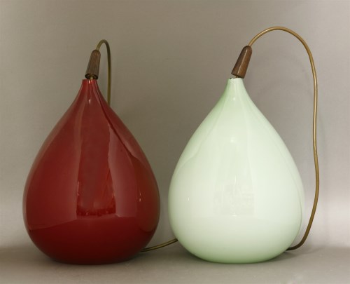 Lot 570 - A pair of glass pendant lights