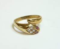 Lot 2 - A ruby and diamond gold snake ring