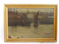 Lot 521 - David Muirhead (1867-1930) 
A FISHING BOAT ENTERING A HARBOUR AT NIGHT
Signed l.r.