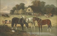 Lot 340 - Follower of John Frederick Herring Jnr.
WORK HORSES WATERING WITH FARM ANIMALS 
Indistinctly signed 'W.G...(?)' l.l.