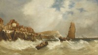 Lot 355 - Circle of Alfred Montague
FISHING BOATS IN A SWELL OFF A COASTAL TOWN
Oil on canvas
61 x 106cm