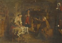 Lot 373 - William Baxter Collier Fyfe (1836-1882)
A COTTAGE INTERIOR WITH TWO MEN CONVERSING BY A HEARTH AND A WOMAN IRONING
Signed and dated 67 l.l. oil on canvas
103 x 148cm