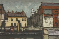 Lot 406 - Robert Russell (20th century)
'QUAYSIDE AT WEYMOUTH'
verso 'FIGURES BENEATH A BRIDGE AT NIGHT
Signed l.r.