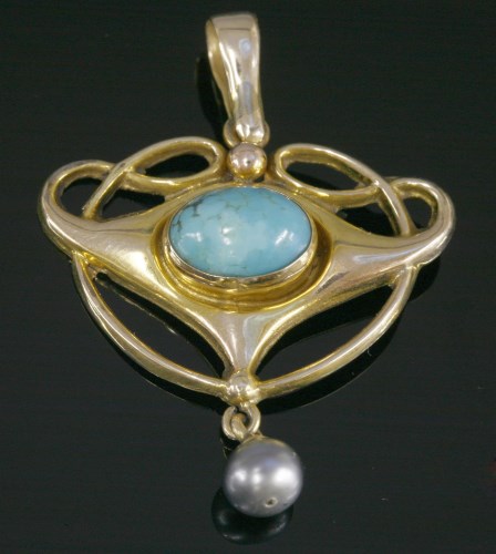 Lot 5 - An Art Nouveau 9ct gold turquoise and simulated pearl pendant