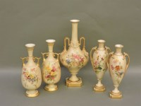 Lot 504 - Two pairs and a single Royal Worcester blush ground vases