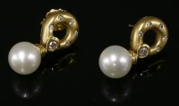 Lot 516 - A pair of 18ct gold cultured pearl and diamond drop earrings