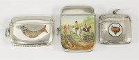 Lot 241 - Three 'Hunting' and 'Fishing' silver and enamel vesta cases