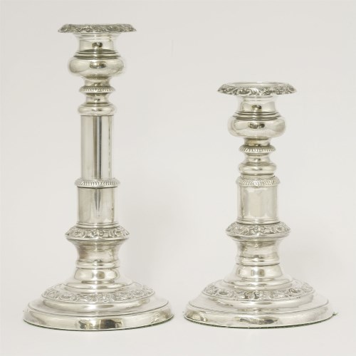 Lot 48 - A pair of George III silver telescopic candlesticks