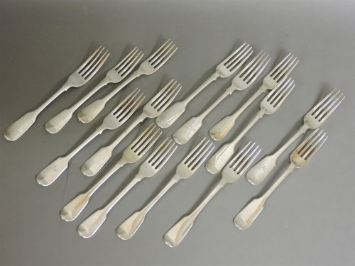 Lot 1123 - A collection of fifteen Georgian and Victorian silver fiddle pattern forks