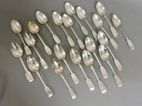 Lot 1122 - Two sets of six silver fiddle pattern dessert spoons