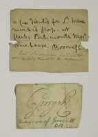 Lot 14 - 1. KING GEORGE III.  Signature on a small piece of paper;
2.  HORATIO NELSON: 1st Viscount Nelson.  Four lines written on a small piece of paper.  Both worn